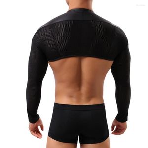 Camisetas masculinas Man Black Faux Leather Mesh Men Tops engraçados/Tampas de luta de luta longa sexy de manga longa