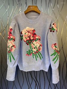 Frauenpullover 2023 Herbst Winter Hohe Qualität Frauen Floral Stickerei Muster Gestrickte Langarm Casual Blau Rot Pullover