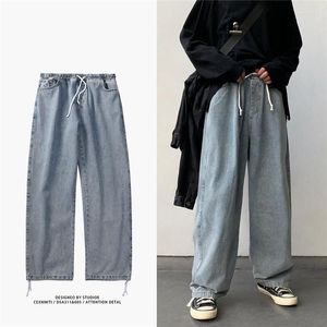 Herr jeans koreansk stil lös bred ben för män 2023 blå baggy denim byxor kpop kläder mode jeansy ulzzang last man