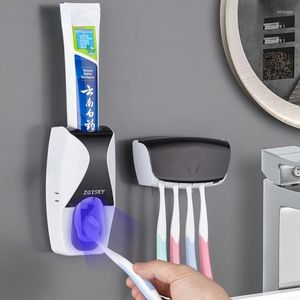 Bath Accessory Set Toothbrush Holder Automatic Toothpaste Dispenser Dustproof Sticky Suction Wall Mounted Squeezer For Bathroom