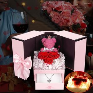 Dekorativa blommor Rose Moss Bear med Flash Light Valentine's Day -gåva till hennes bröllopsdekoration Romantisk årsdag Födelsedag Mor
