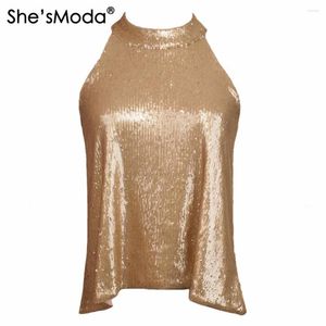 Tanks féminins She'smoda Bilins Sequins Gold Halter Top Top Women's Spandex Club Party Tank Vest