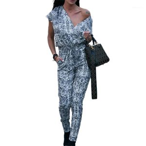 Women's Jumpsuits & Rompers Women Leopard Snakeskin Print Jumpsuit Short Sleeve V-neck Romper Casual Summer Long Playsuit