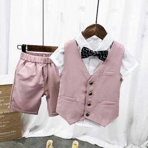 Set di abbigliamento Ragazzi Abiti formali per bambini Set Estate Neonato Abito da gentiluomo Camicia bianca con cravatta Gilet Pantaloncini Pezzi per anno