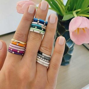 Band Rings 10 Colors Simple Rainbow Enamel Ring Paved CZ Shiny Cubic Zircon Fashion Engage Eternity Stackable Rings For Women Jewelry Gift G230213