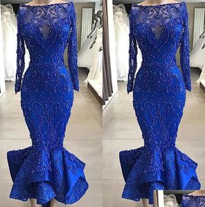 2023 Royal Blue Evening Dresses Mermaid Long Sleeves Bateau Neck -paljetter Pärled Crystals Custom Made Formal OCN Wear Arabic Prom Gown Vestidos 401 401