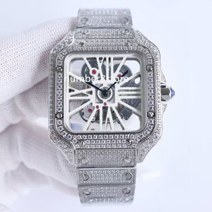 Luxury Large Skeleton Quartz Mens Watch Square Full Diamonds Watches Stainless Steel Sapphire Crystal Water Resistance