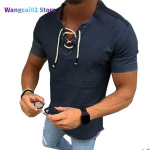 Mäns casual skjortor mode denim skjorta män passar smala jeans skjorta kort seve v-hals skjortor avslappnad snörning upp blus topp tee sommar camisa masculina 021323h