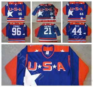 Mężczyźni Hokej na lodzie USA Koszulka filmowa Vintage 96 Charlie Conway 21 Dean Portman 44 Fulton Reed Koszulki Team Color Blue Wszystkie szyte jakości