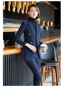 Women's Two Piece Pants Blue Stripe Suit Career Female Autumn Temperament Fan Manager Formal Dress Real Estate Consultant Work