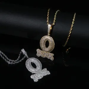 Iced Out Letter O Block Подвеска Bling Кубический цирконий Micro Pave Cz Асфальтированная хип-хоп Мужская веревочная цепочка для мальчиков Ювелирные изделия