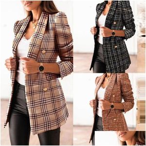 Women'S Suits Blazers Double Breasted Button Military Style Blazer Womens Autumn Winter Elegant Office Lady Clothing Femme Drop De Dhsk9