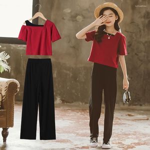Kläderuppsättningar Crop Tops Teenage 2023Summer Baby Girl Clothing Chiffon Single Shoulder Wine Red T Shirt Wide Leg Pant 7 8 9 10 12 13 14 Year