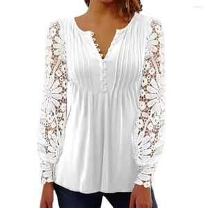 Women's Blouses Women Blouse Spring Top Solid Color Hollow Out Flower Applique V Neck Long Sleeves Mid Length Lace Patchwork Autumn