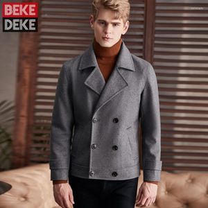 Men's Wool & Blends Double Breasted Woolen Coat Mens Business Casual Blend Suit Jacket Turn-Down Collar Long Sleeve Fashion Short Outerwear