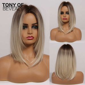 Women Hair Synthetic Brown to Light Blonde Ombre Medium Straight Layered Bob Wigs Middle Part for Heat Resistant Cosplay 0527
