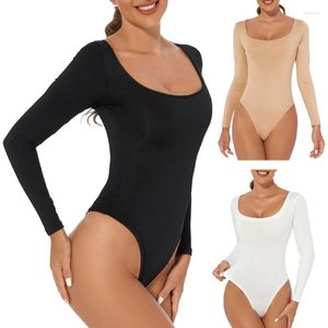 Kadın şekillendiricileri kadın temel uzun kollu sıska bodysuit tişörtler kare boyun düz renkli leotard üst bodycon slim fit romper tulum