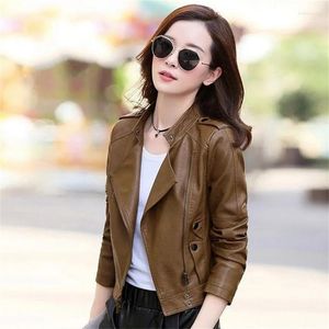 Women's Leather 2023 Jacket Short Coat Women Spring Autumn Coffee Black Top Lady Outerwear Stand-up Collar PU Motorcycle Jackets