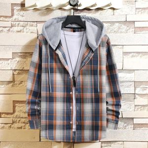 Men's T Shirts Mens Plaid Shirt Trend Hip Hop Hooded Cardigan Long Sleeve Button Down