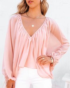 Women's T Shirts Women's Top Tied Detail Backless Ruched Batwing Sleeve Blouses V-Neck Long Blouse