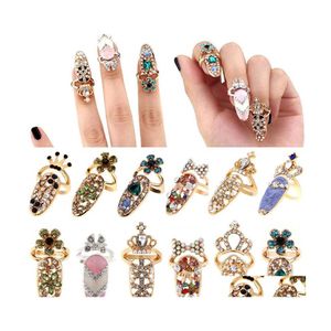 Nail Art Decorations Bowknot Ring Charm Crown Flower Crystal Finger Rings For Women Lady Rhinestone Fingernail Protective Fashion Je Dhhoh