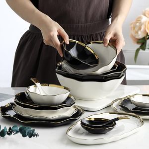 Plates Nordic Ceramic Plate Fruit Salad Dessert Gold Black Porcelain Dinner Set Party Trays Decorative Tableware Dropship