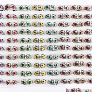 Cluster Rings Punk Vintage Colorf Owl Eye Adjustable Open Jewelry For Women Men Mix Style Color Party Gifts Wholesale 36Pcs/L Dh3B7