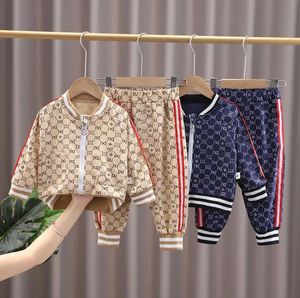 Spring Plaid Kids Designer Clothes Boy Clothing Set Dragkedja Print Cardigan Sweatpants Children Coat