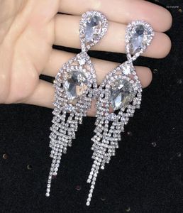 Dangle Küpe Kadınlar Büyük Kristal Gözyaşı Rhinestone Chandelier Fringe Zincir Tassel Drop Düğün için Gelin Küpe