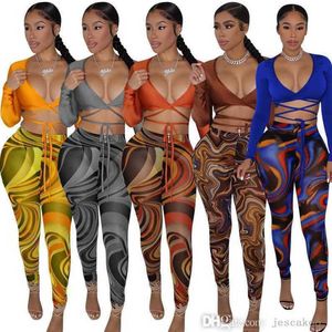 2023 frühling Herbst Frauen 2 Stück Hosen Set Mesh Bandage Langarm Crop Top Und Bodycon Gedruckt Leggings Outfits Passenden set