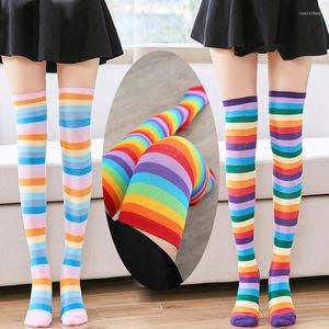 Women Socks Rainbow Striped Stockings Halloween Thigh High Over The Knee Long Girls Student