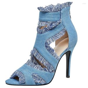 Sandals Denim Jeans Peep Toe 2023 Summer Sexy Woman Pumps Zip Up Cut-out Super Thin High Heeled With Fringes Tassel Heels Shoes