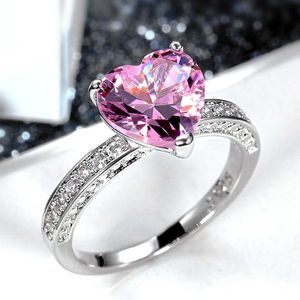 Band Rings Huitan Romantic Pink Heart Rings Women Brilliant Cubic Zirconia Bridal Wedding Party Rings Simple Stylish Female Accessories Hot G230213