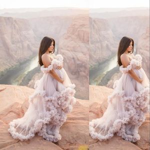 2023 Bridal Ruffled Tulle Robes Women Jackets Wraps Maternity Dressing Gowns Off Shoulder Long Sheer Party Dress Photo Shoot Custom Made Ruffles Tiered
