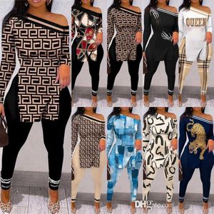 2023 Spring Fall Women Clothing Tracksuits 2 Piece Pants Outfits Sexy Off Axel Long Sleid Split Printed Tops Matching Set