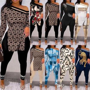 2023 Spring Fall Women Clothing Tracksuits 2 قطعة سراويل مثيرة قبالة الكتف طويل الأكمام قمم الطباعة مجموعات مطابقة