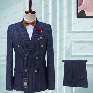 Herrenanzüge Blazer 2023 Herren 2 Stück Vintage Zweireiher Anzug Denim Blau Streifen Terno Slim Große Revers Hochzeit Bräutigam Smoking Frack 230213