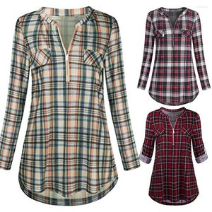 Women's Blouses Womens Casual Rolled Sleeve Blouse Sexy Zipped V-neck Plaid Tunic Tops Spring Autumn 2023 Fashion And Shirts Chemise