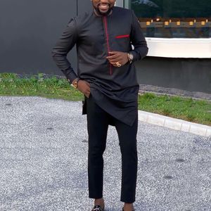 Herrspårar afrikanska män dashiki långärmad 2 bit outfit traditionell afrika kläder solid skjorta byxa set svart full kostym m4xl 230213