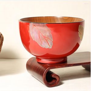 Bowls Handmade Wood Red Wooden Japanese With Golden Leaf Paintings Tableware For Rice Noodle Soup Dip Salad Tea Sushi