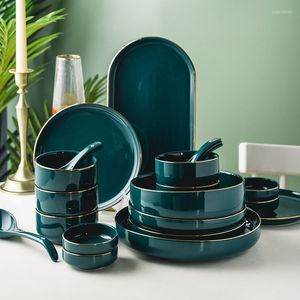 Piatti Stile nordico Elegante verde Stoviglie Ceramica Pittura Phnom Penh Piatto Ciotola Cucchiaio Set di piatti Porcellana Piatti