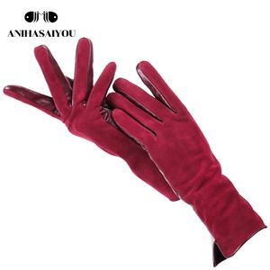 Mittens Fashion winter warm touch gloves genuine leather 50% genuine suede 50% women's leather gloves color long women's gloves -2008 230211