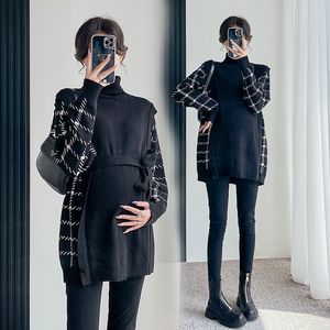 Annelik Sweaters Sonbahar Kış Patchwork Örgü Doğum Sweaters Büyük boy gevşek bağlar bel gömlek giysileri hamile kadın hamilelik üstleri 230211