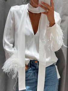 Blouses femininas Combhasaki Office Lady Sexy Feather camisa de manga comprida V pescoço de cor sólida cor de seda de seda