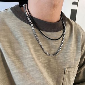 6mm Cuban Titanium Steel Double-Layer Necklace With Flat Buckle Leather Rope Detachable Richao Street Collarbone Chain Hip-Hop