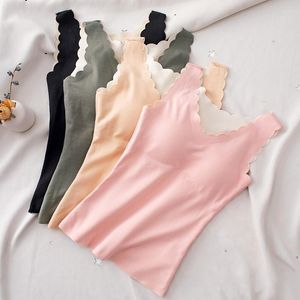 Camisoles Tanks Sofbeaufory Winter One-Piece Seamless Cationic Velvet Vest with Latex Pad Bra Siltal No Trace Heating Underwear