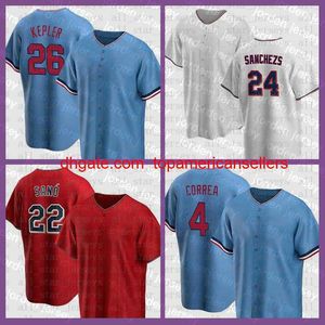 Camisas de beisebol personalizadas 2022 Nova Jersey Max Kepler Mens Gary Sanchez Miguel Sano Carlos Correa Harmon Killebrew Franci