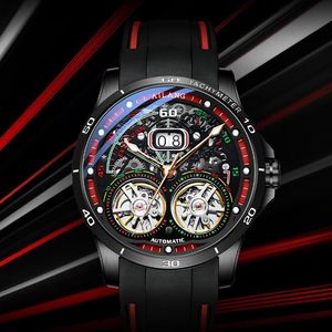 Orologi da polso Orologio automatico da uomo Design di lusso Calendario impermeabile Quadrante grande Tourbillon Orologi meccanici Orologio da polso da uomo con cinturino in silicone rosso