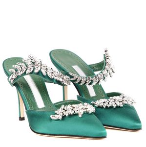 Top Design Lurum Satin Sandals Shoes For Women Crystal Embellished Mules High Heels Slip On Lady Slippers EU35-43 Box
