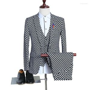 Men's Suits Black&White Plaid Skinny Three Piece Men's Polyester Cotton One Button Wedding Groom Formal Tuxedos Size 36 38 40